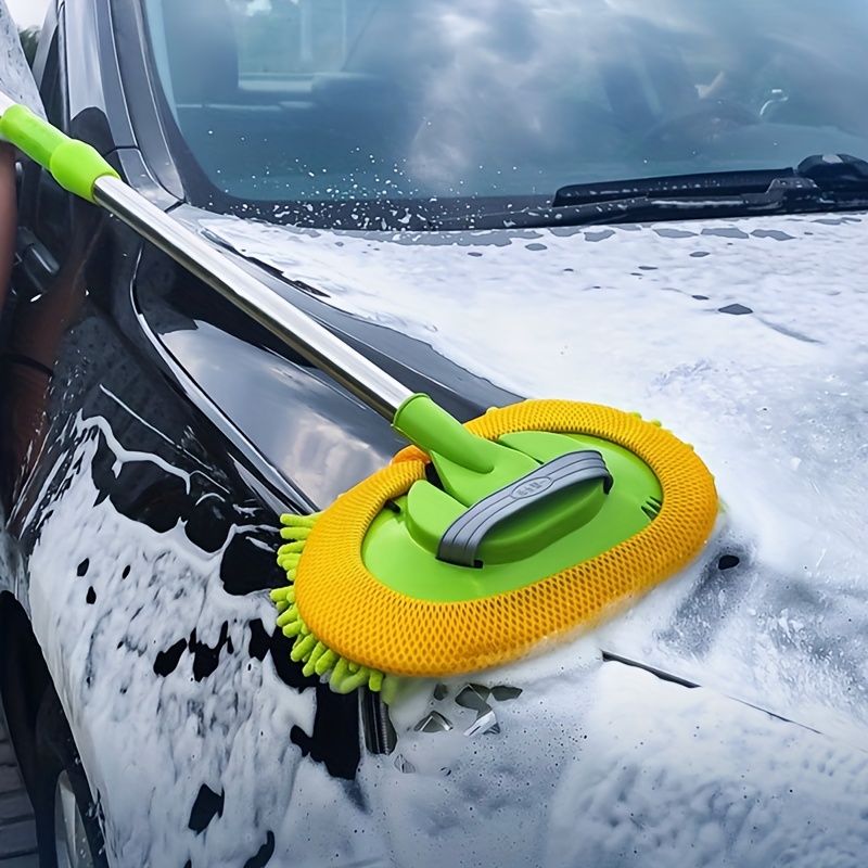TEMU 1pc Extendable Car Wash Mop With Long Handle - Chenille Microfiber Brush, Green, Ideal For Car Cleaning And Detailing, Design, Car Wash Accessories