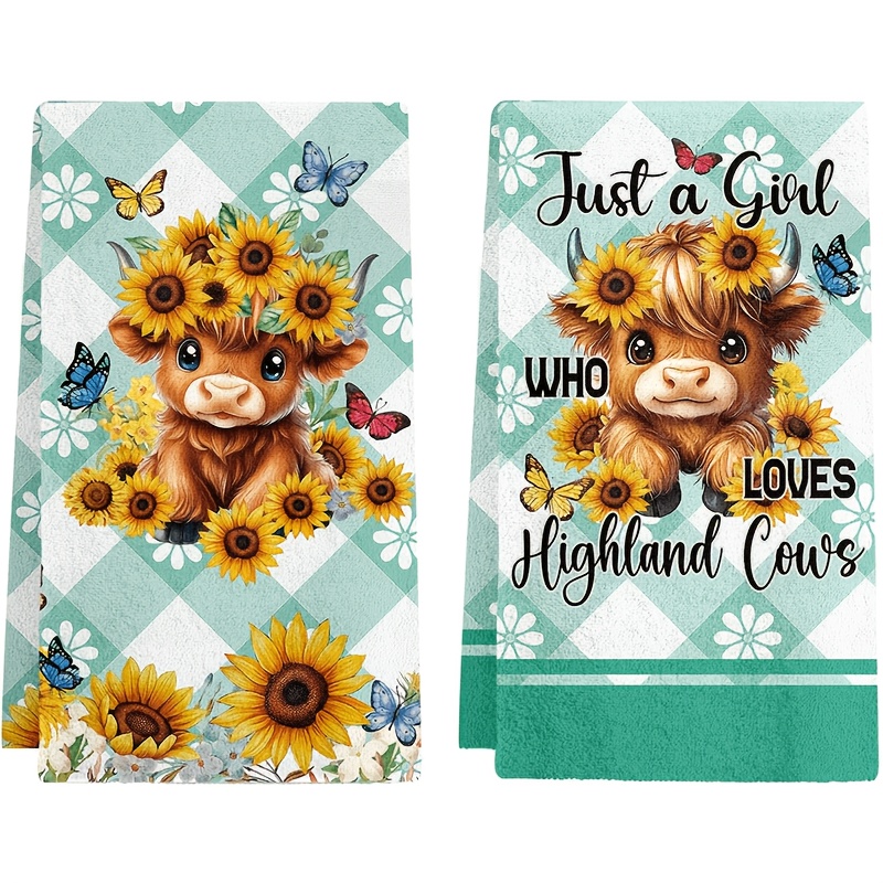 TEMU Set Of 2 Kitchen Towels, Green Checkered Sunflower Kitchen Cloth, 40*60cm, Polyester Tea Towel, Dishwashing Towel Birthday Gift, Kitchen And