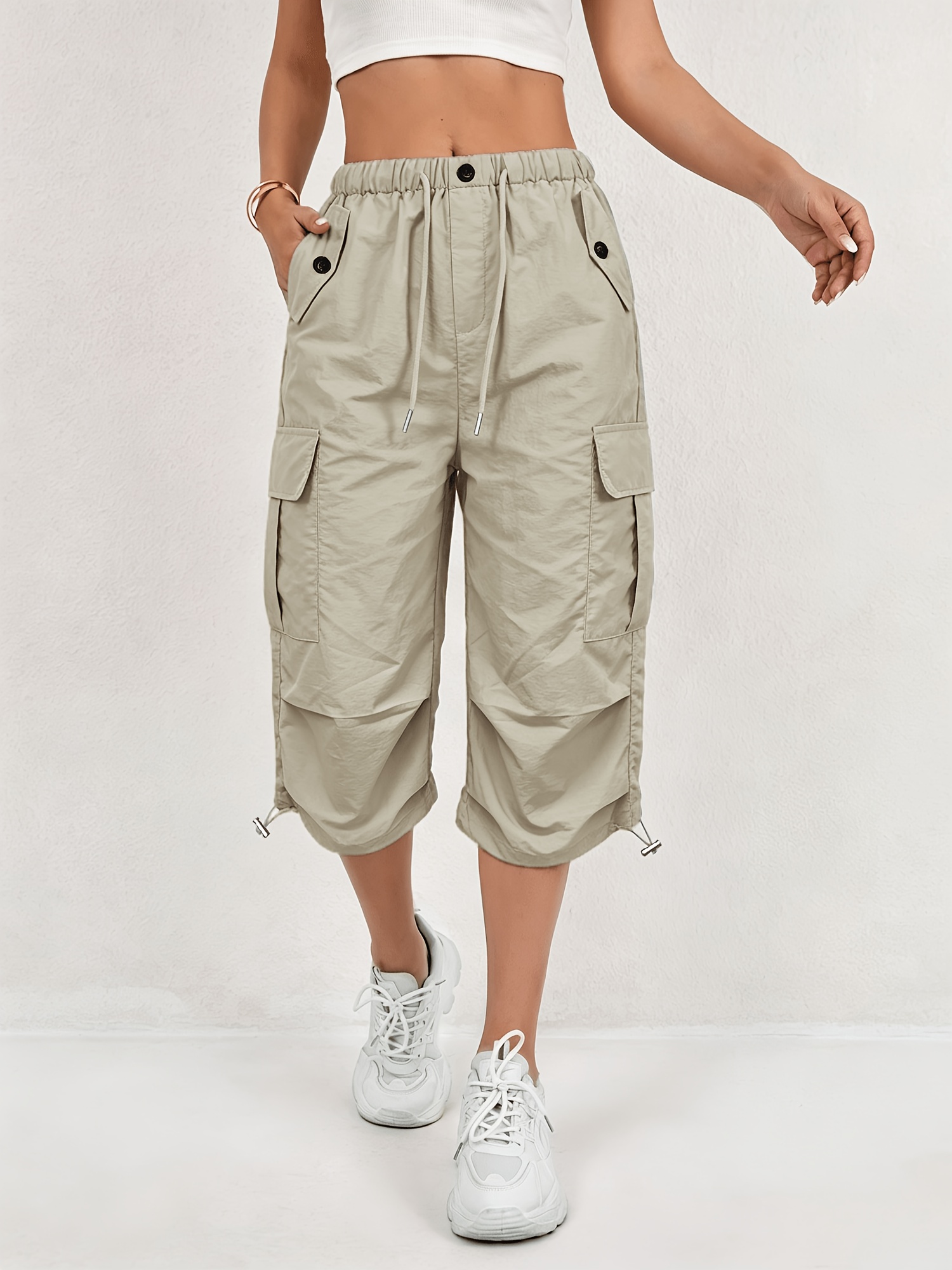 womens quick dry cargo capri pants with elastic waist drawstring lightweight stretch suitable for outdoor pants multi trousers machine washable loose fit   length for travel casual attire