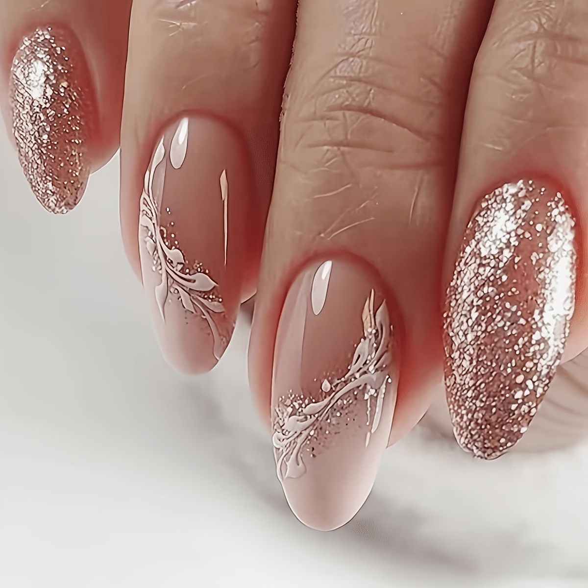 Image of 24pcs Medium Almond Shape Glossy-natural Star Wearable Nail Stickers, Fairy Shimmering Design False Nails Extension Removable Nails, With Jelly Glue 1pc Nail File 1pc