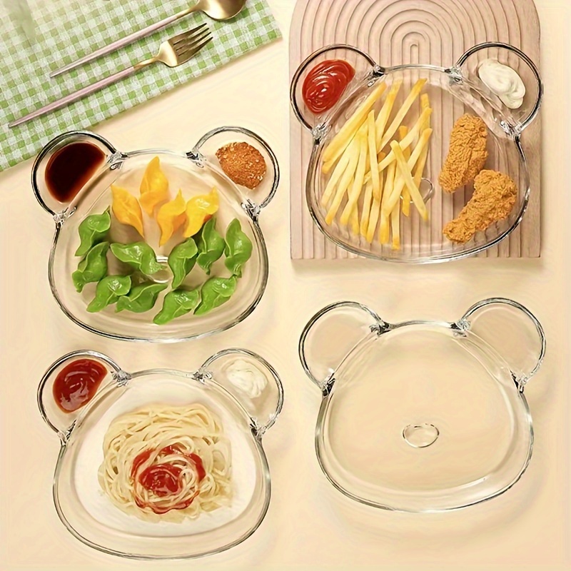 

2pcs Cartoon Glass Serving Platter With Sauce Dish - Multifunctional Snack & Dumpling Tray For Home And Restaurant Use