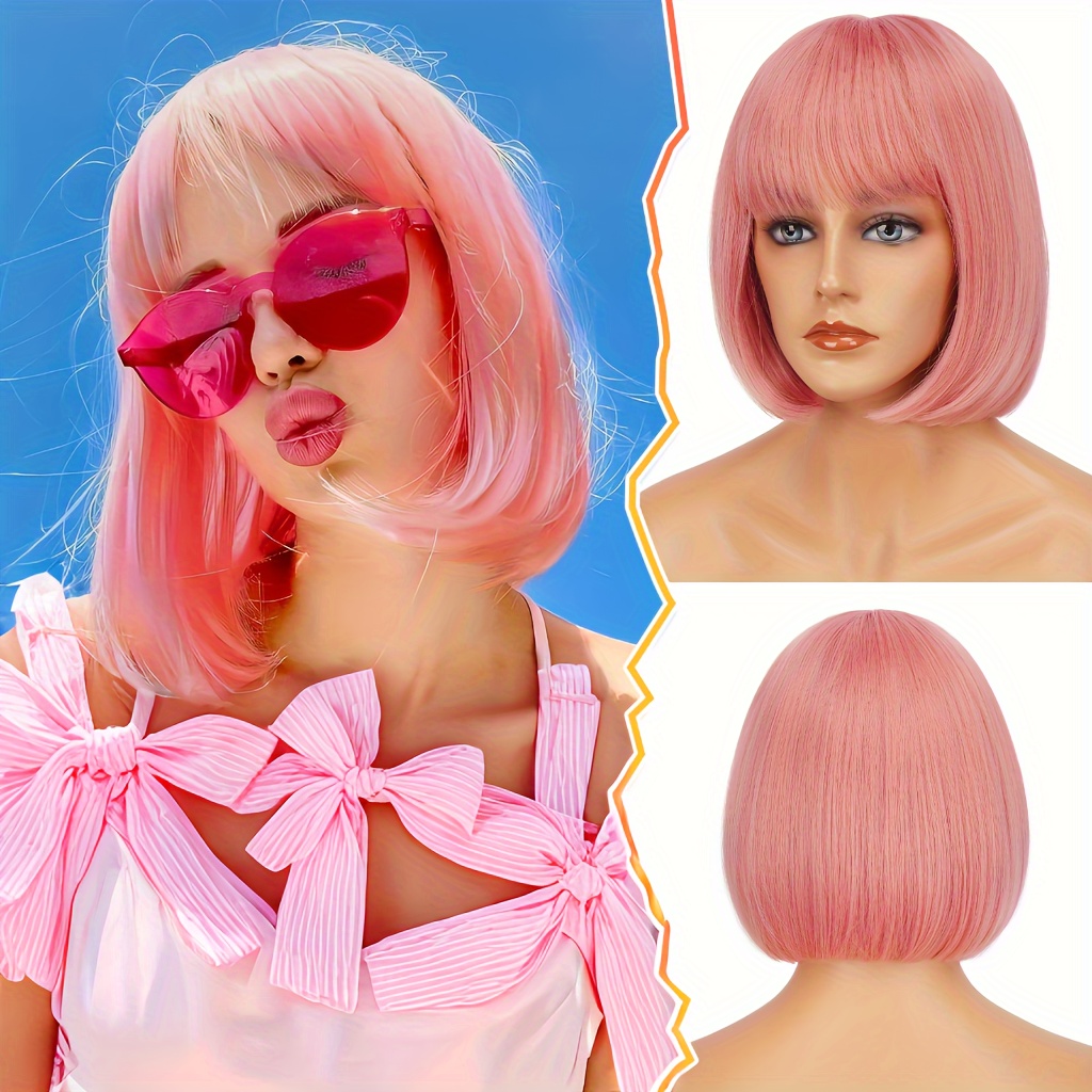 short bob wig bangs 12 inch bob wig womens heat - Temu display picture 3