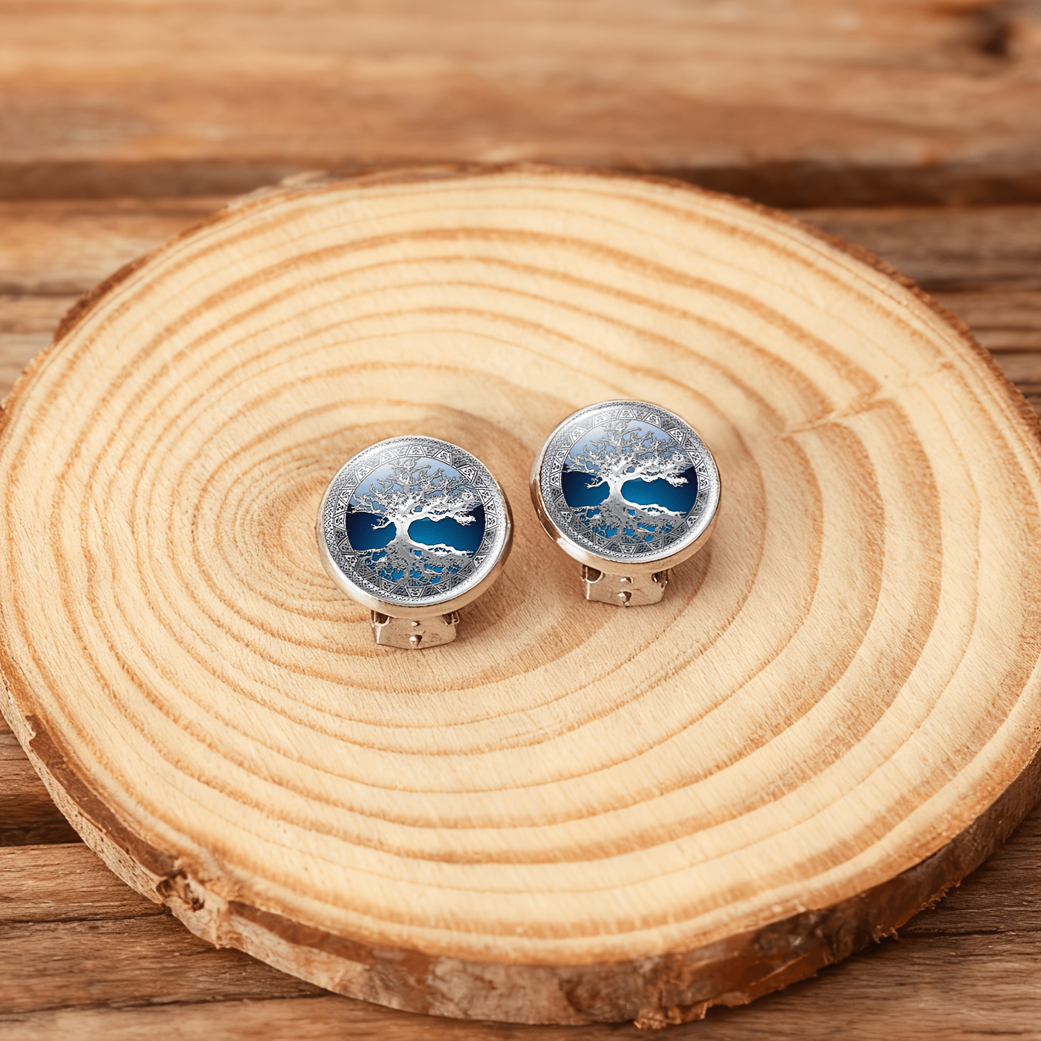 2pcs No-Pierced Ear Clip Round Glass Face Earrings, Silvery Tree Design