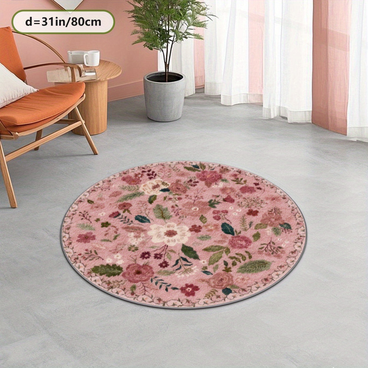 TEMU Soft Fluffy   Dotted Plastic Bottom Round Carpet, Pink Floral Pattern Printed Rug, 2d Printing Rug, Fashion Home Decor Carpet, Commercial Decor