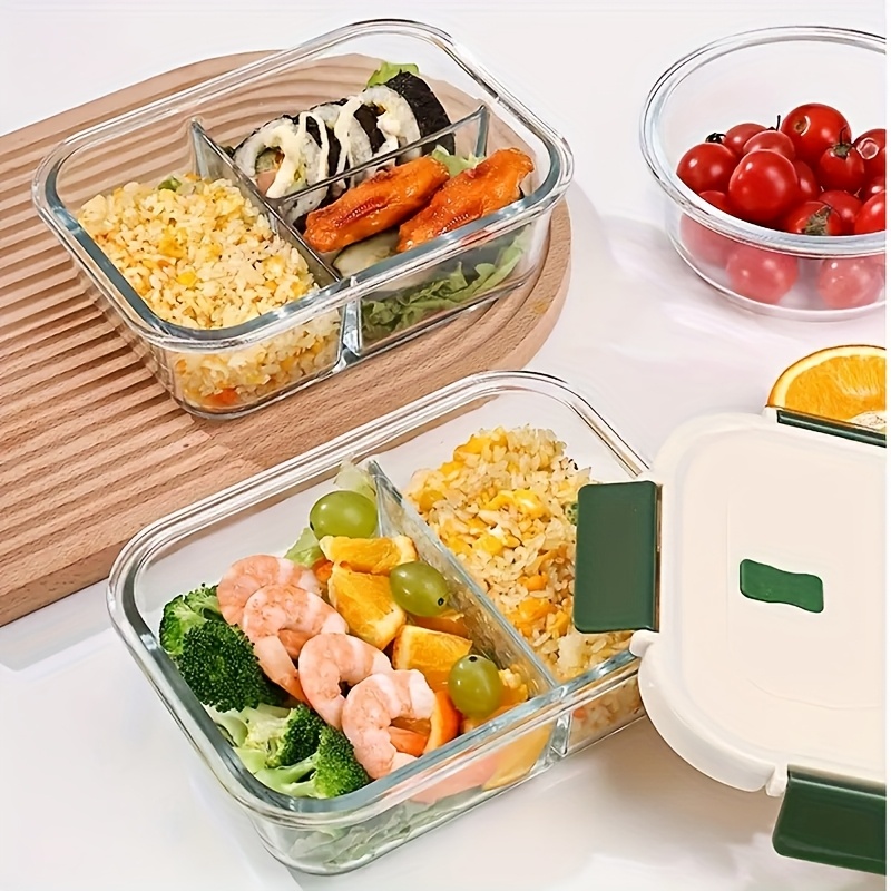 borosilicate glass lunch box 21 64oz double compartment microwave   transparent crisper with two dividers fruit theme rectangle shape manual no electricity needed with lid for workers Product details 0