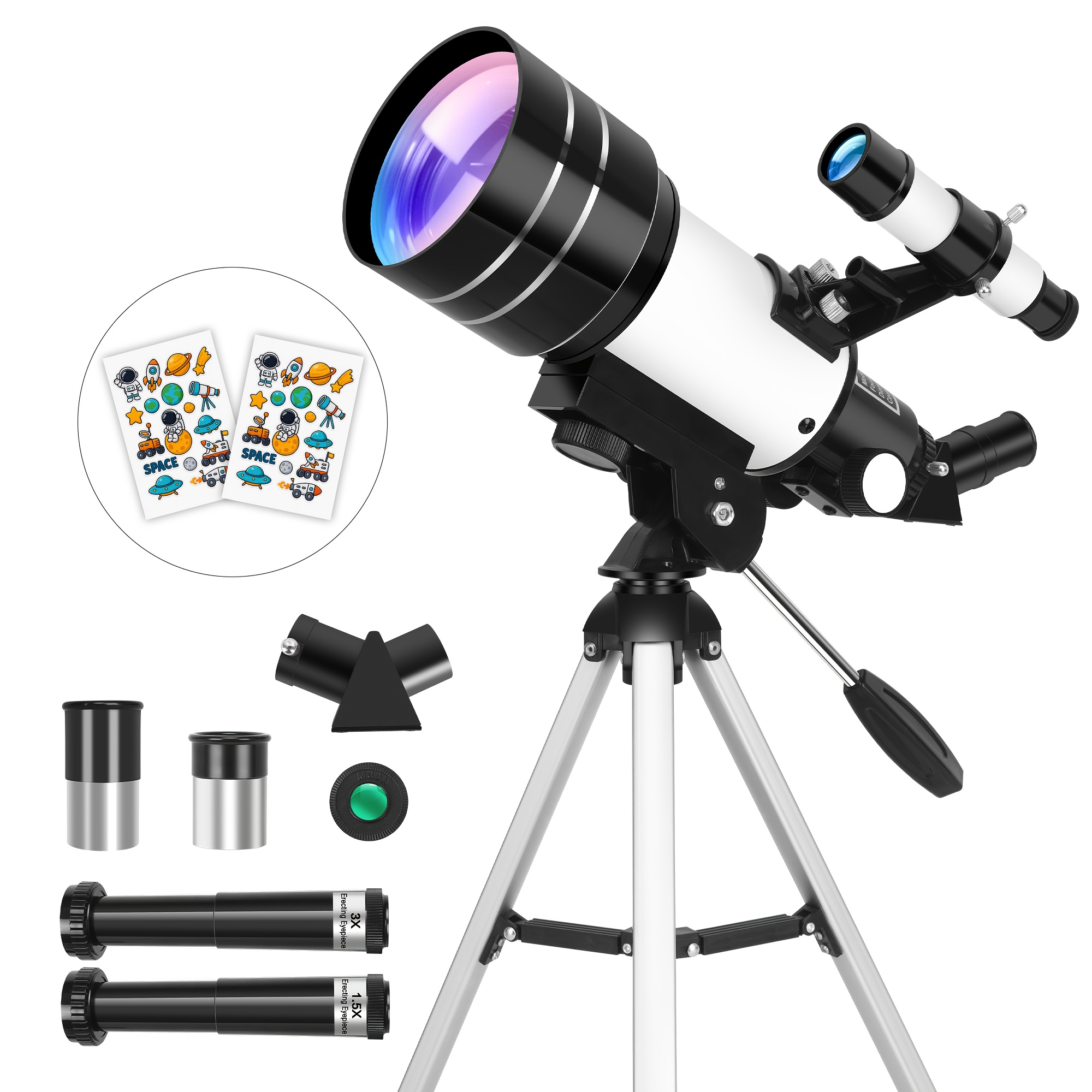 TEMU 70mm Refracting Astronomical Telescope, 300mm Length, 15-150x Zoom, Includes Tripod, Barlow Lens, Eyepieces, And Moon Filter Set, Suitable For