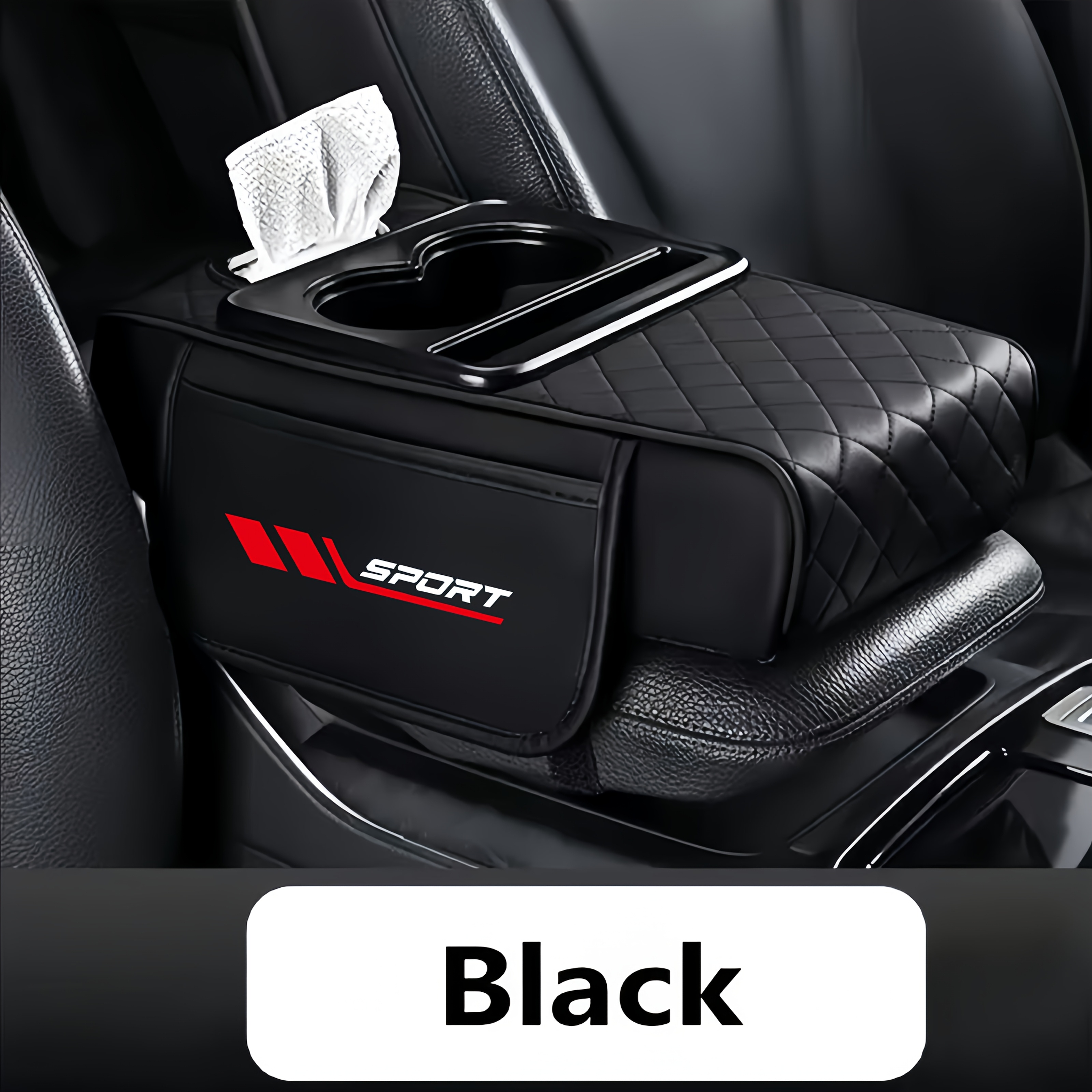 Image of 1pc Sports Car Armrest Pad, 4-in-1 Center Console Armrest Protector Pad, Four-in-one Storage Model With Tissue Storage Bag Cup Holder, Essential Car Interior Accessories, Suitable For Most Car Models.