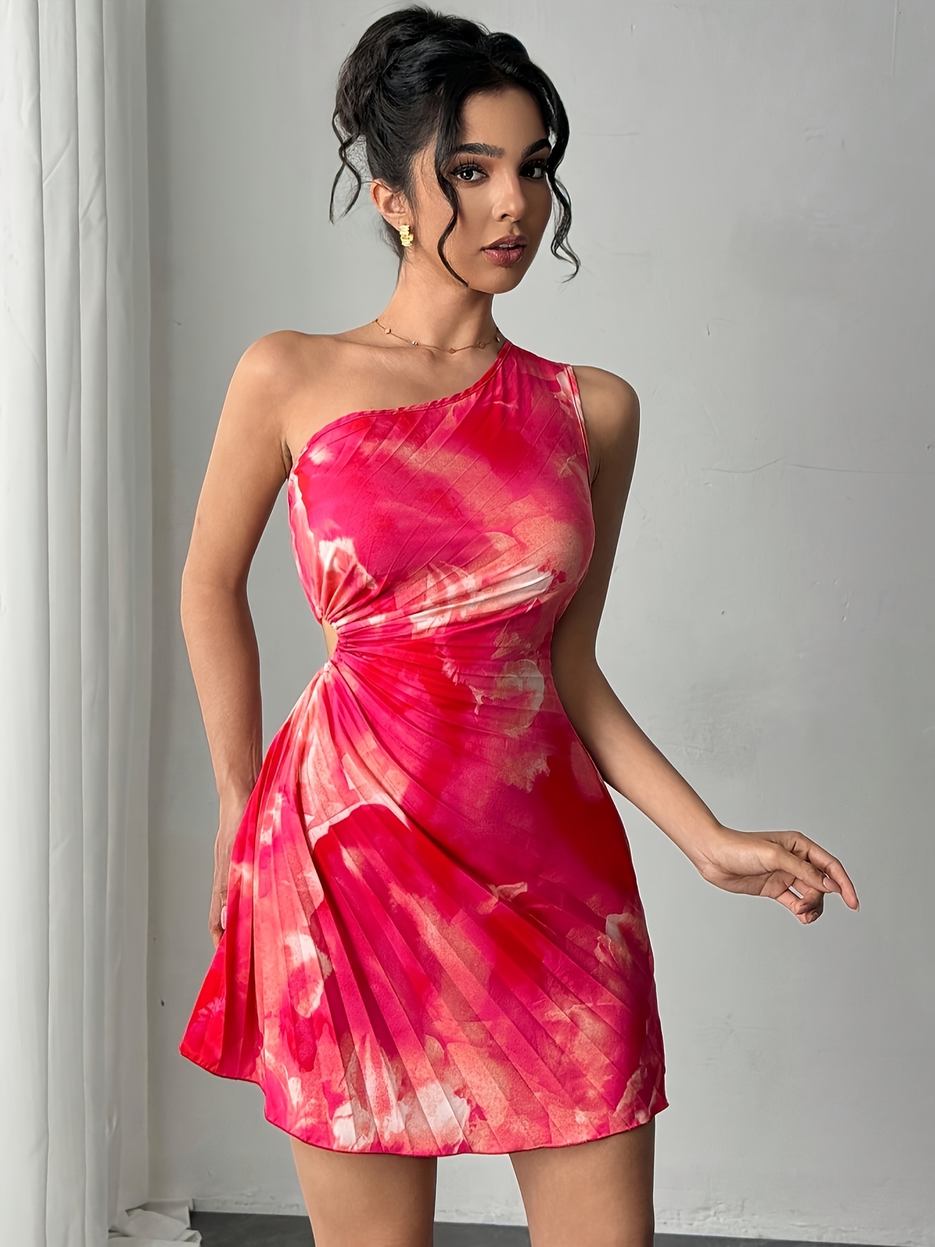 Women's Elegant Sexy Single Shoulder Asymmetrical Mini Dress - Stretchy A-Line Tie-Dye Print with Side Ruching, Machine Washable for Vacation & Date Nights, Chic Dress