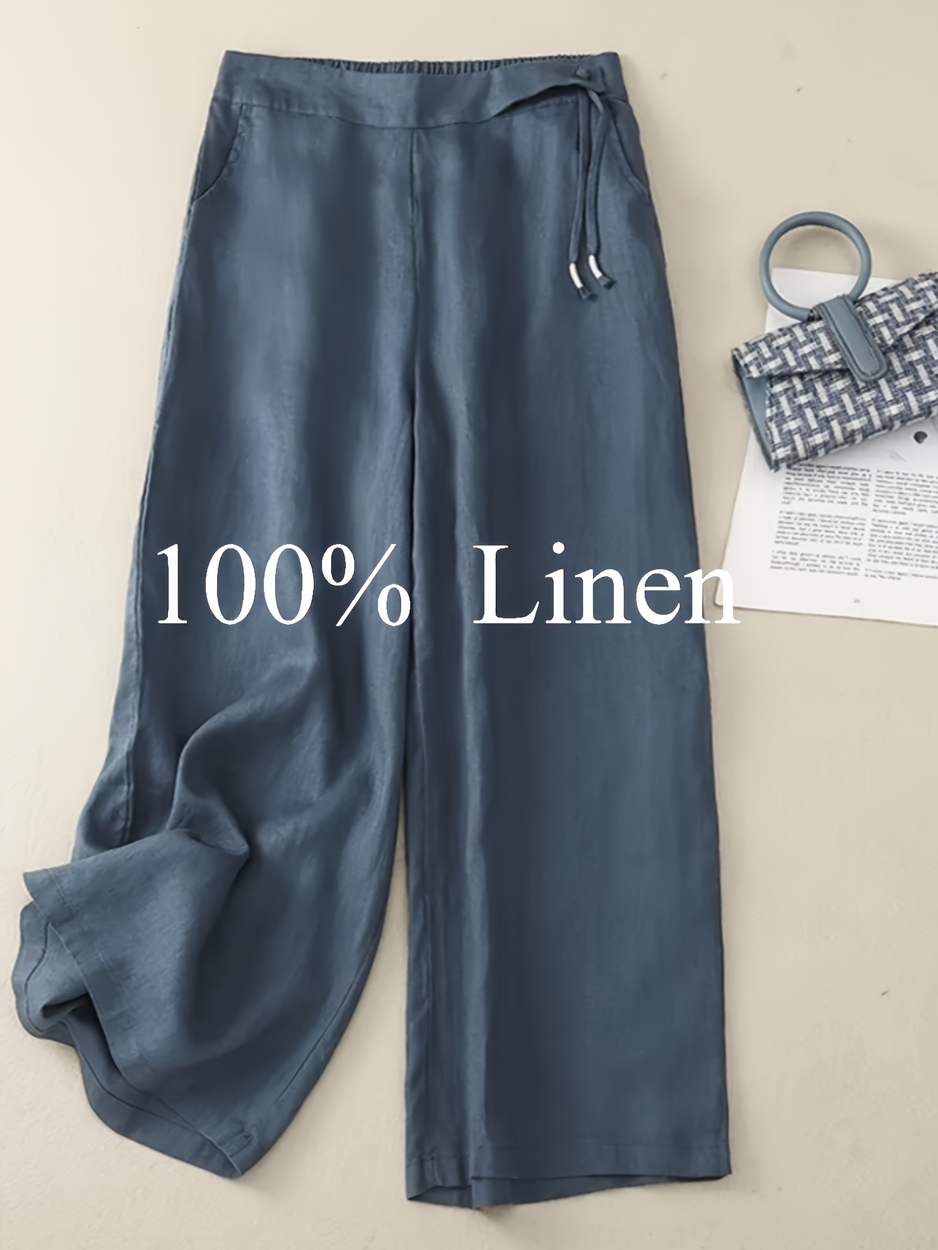 womens 100 linen wide leg pants elastic drawstring waist casual loose fit trousers with pockets for summer
