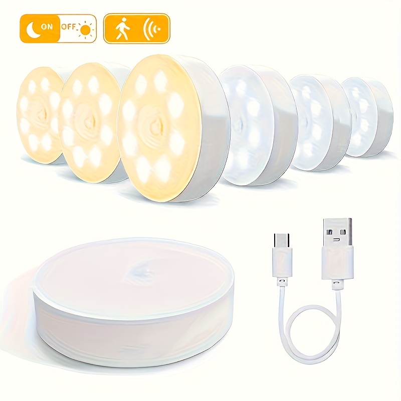 photo de l'article ensemble de 6 lampes led pour assiettes avec détecteurs de mouvement, rechargeables via usb, luminosité réglable pour léclairage des armoires, avec autocollants magnétiques pour une installation facile dans les cuisines et les  