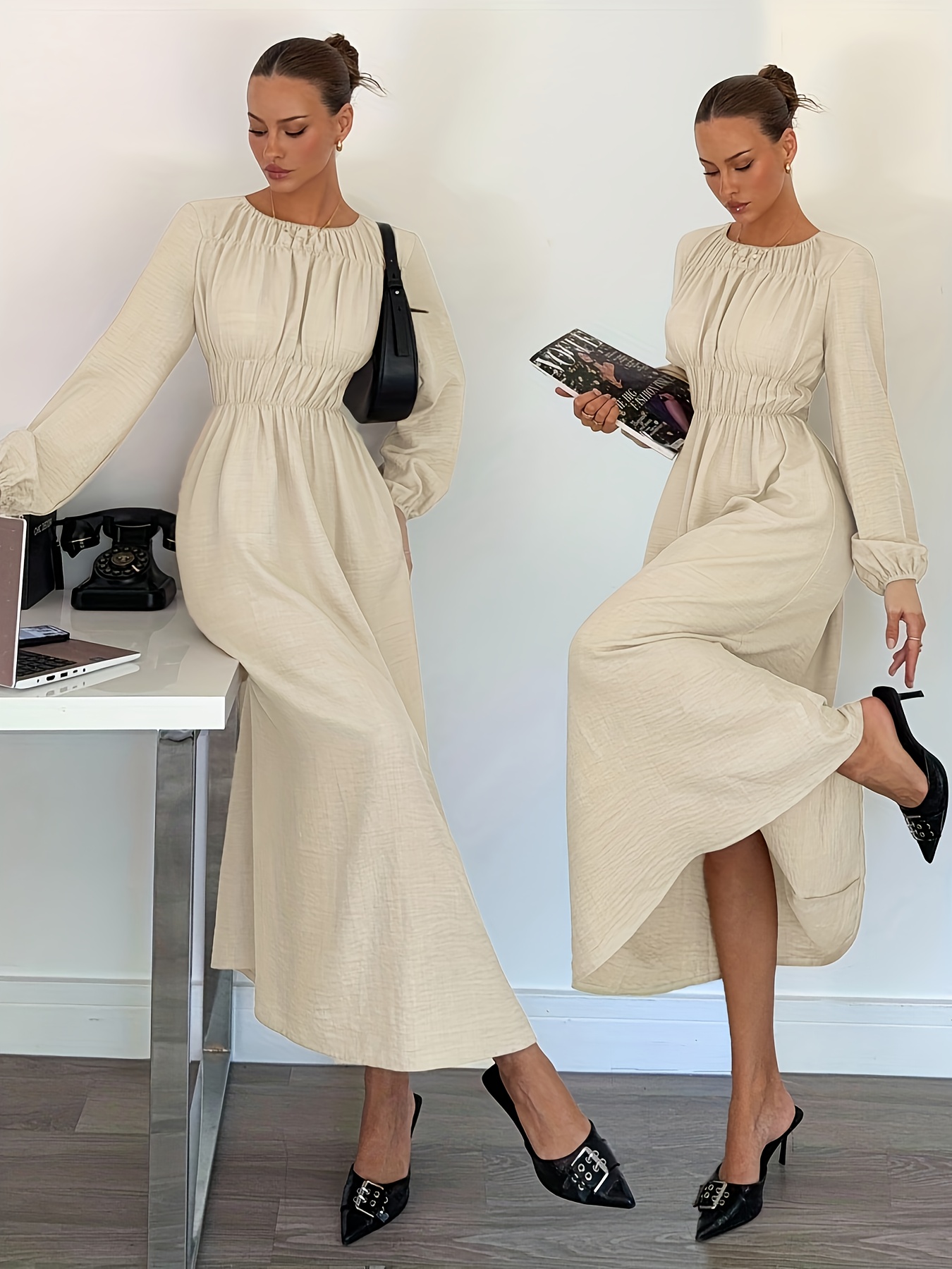 Light Beige Waist-Cinching Long Sleeve Dress, Ruched Design for * Look,  Lantern Sleeves for Vintage Feel, High-Waist Cut for Proportional  Silhouette, Suitable for Daily * And Casual Wear