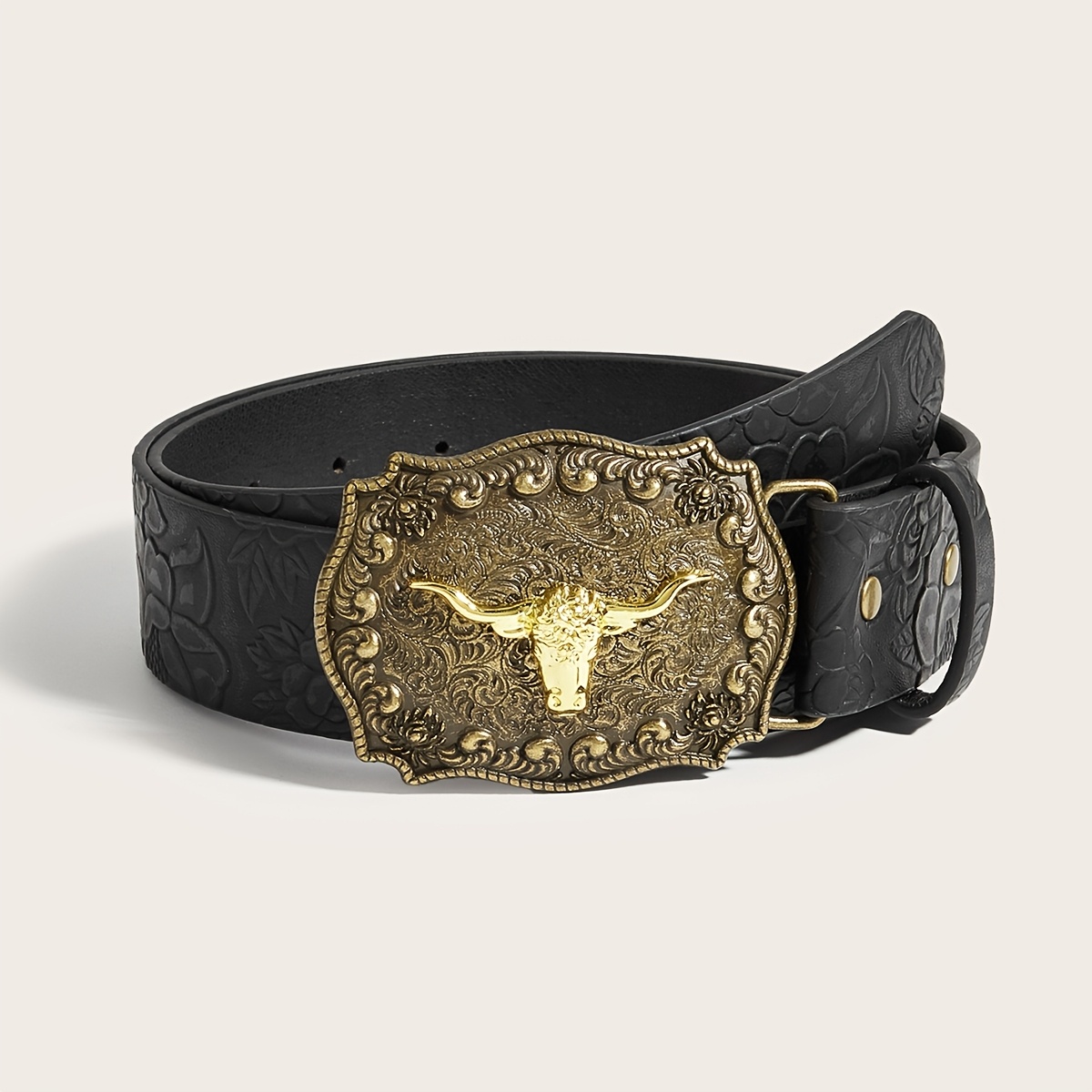 TEMU Boho 1pc Ceinture Bohème Rétro Café avec Boucle Tête de Vache Sculptée Style Western pour Femme et Homme, Parfaite pour un