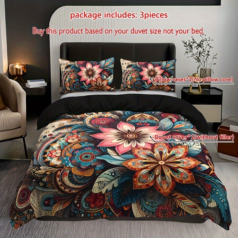 3pcs Bohemian Mandala Floral Duvet Cover Set (1 Duvet Cover + 2 Pillowcases, No Inserts), High-definition Print For Home And Bedroom