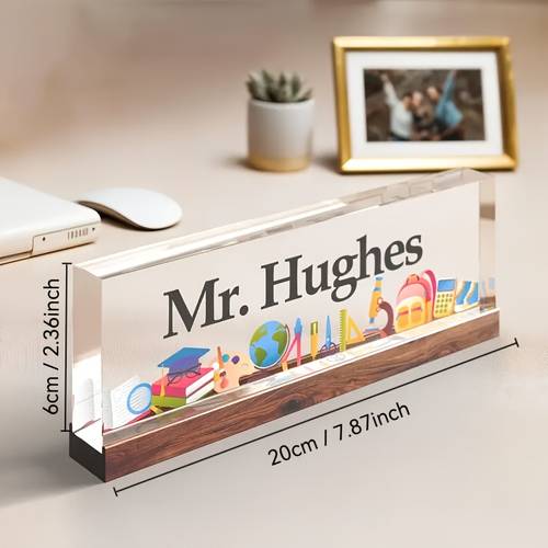 custom acrylic teacher nameplate with wooden base personalized classroom office decor no electricity needed new year valentines day thanksgiving engagement gifts classroom decor