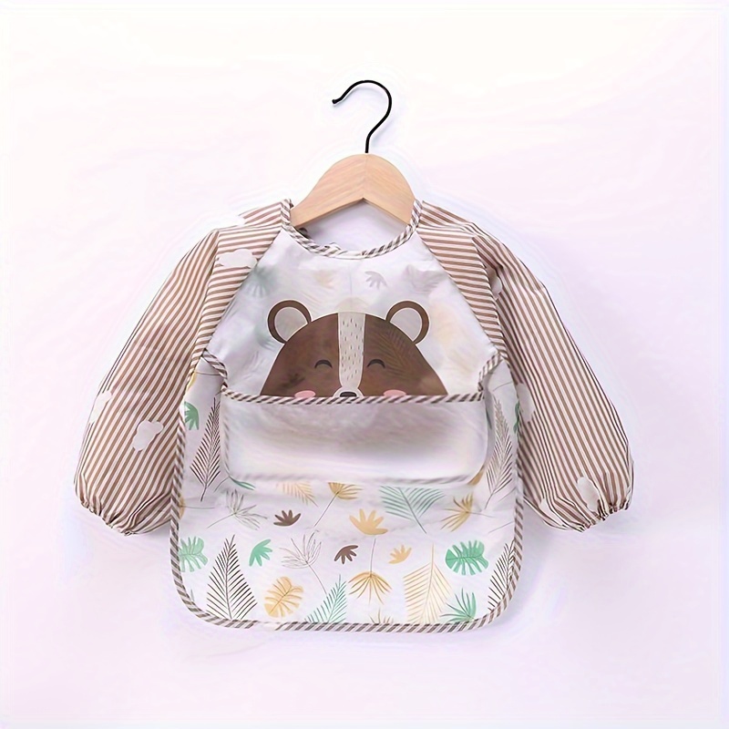Feeding Bib With Pocket, Cartoon Pattern, Long Sleeve Cover-up, Soft Feeding Bib, Magic Closure, Polyester Fabric, Suitable For 0-6 Years Old Infants