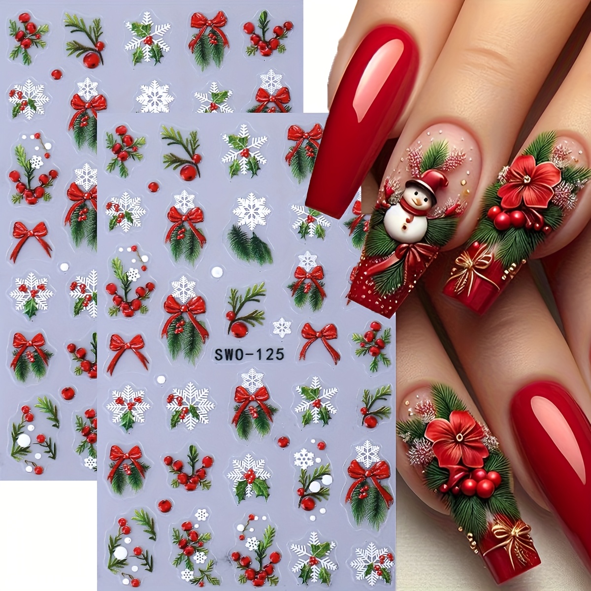 Image of 2pcs 3d Christmas Tree Bow & Winter Nail Stickers Suitable For Women & - Plastic Matte Manicure Charms With Candy Cane Deer, Holly, Snow Scenes, Red Snowflakes - Holiday Nail Decals