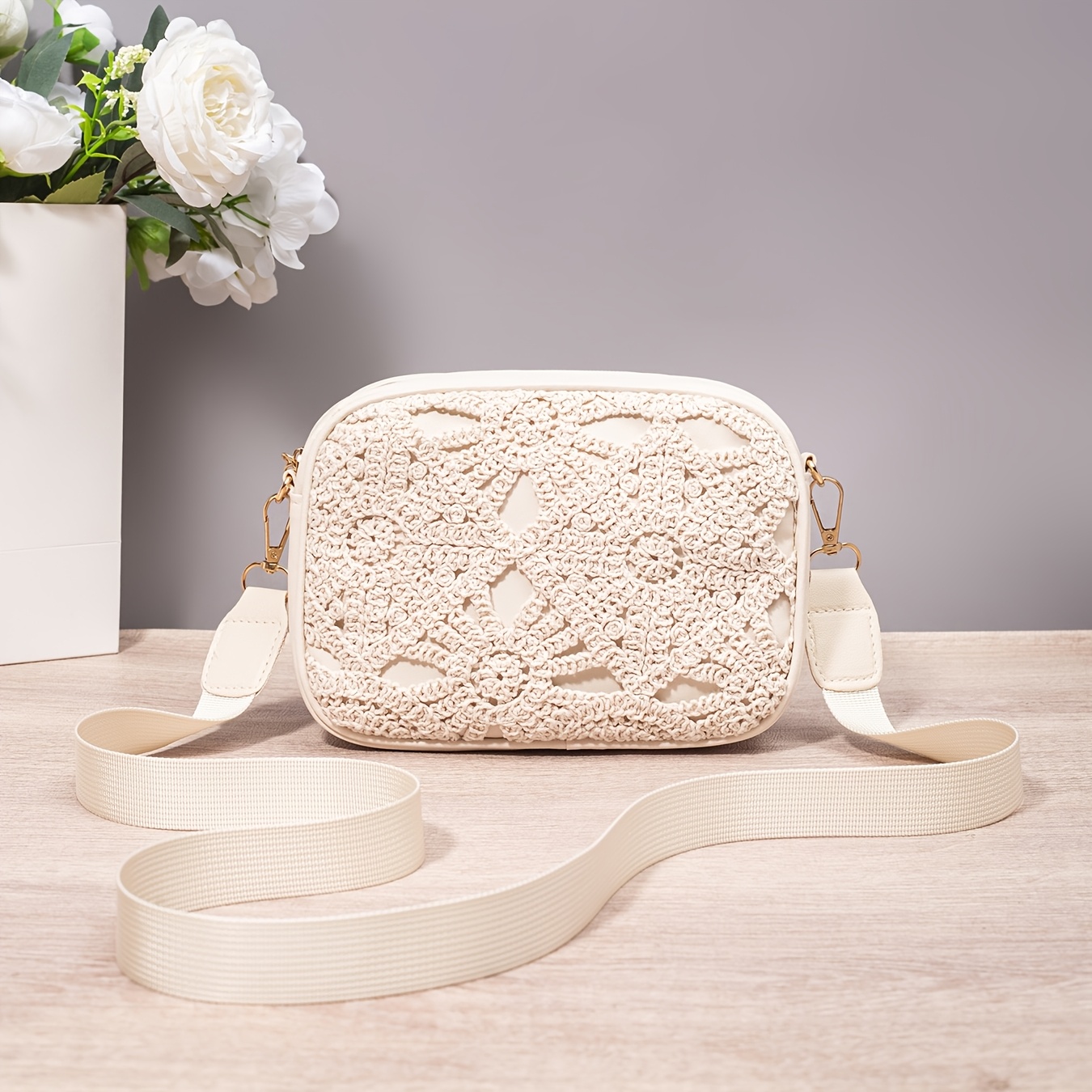 Image of Women's Shoulder Bag, Fashion Crochet Solid Color With Bone Bag, Trendy Small Square Bag, Bohemian Style, , Shopping, Evening Party Versatile