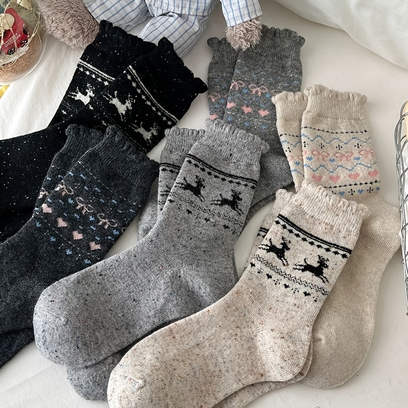 

6pcs Women's Knee-length Socks, Cartoon Reindeer & Bow Pattern, Polyester 95%, Spandex 5%, Knit Fabric, Machine Washable, With Vintage-inspired Warm Socks