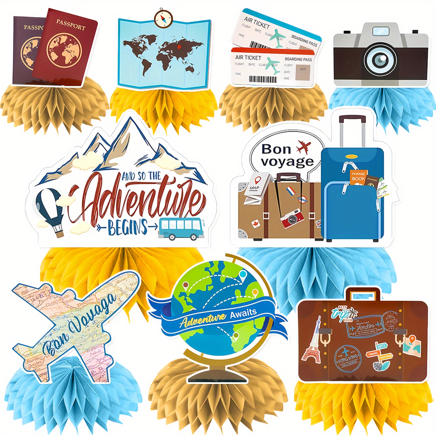 

9pcs Travel Themed Honeycomb Centerpieces Adventure Awaits Party Decorations Around The World Table Decorations Let The Adventure Begin Departure Party Photo Props