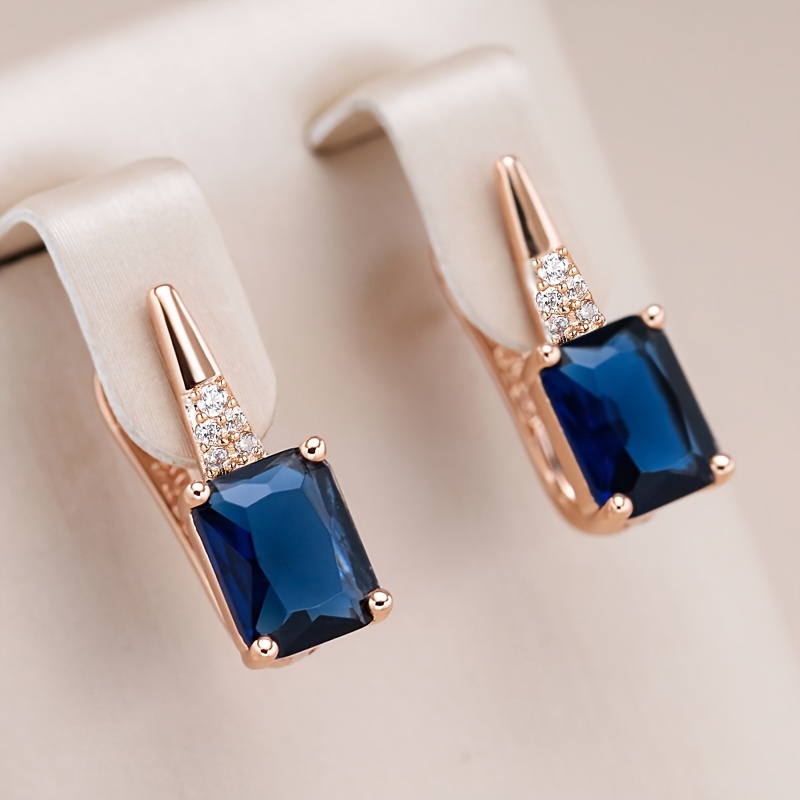 

1pair Shiny Square Blue Zircon Earrings For Women, Luxurious Wedding Party Daily Jewelry