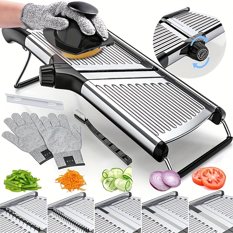 

Adjustable Mandoline Food With Cut Resistant Gloves And Cleaning Brush Mandoline For Kitchen, Mandolin, , Tomato , , Onion