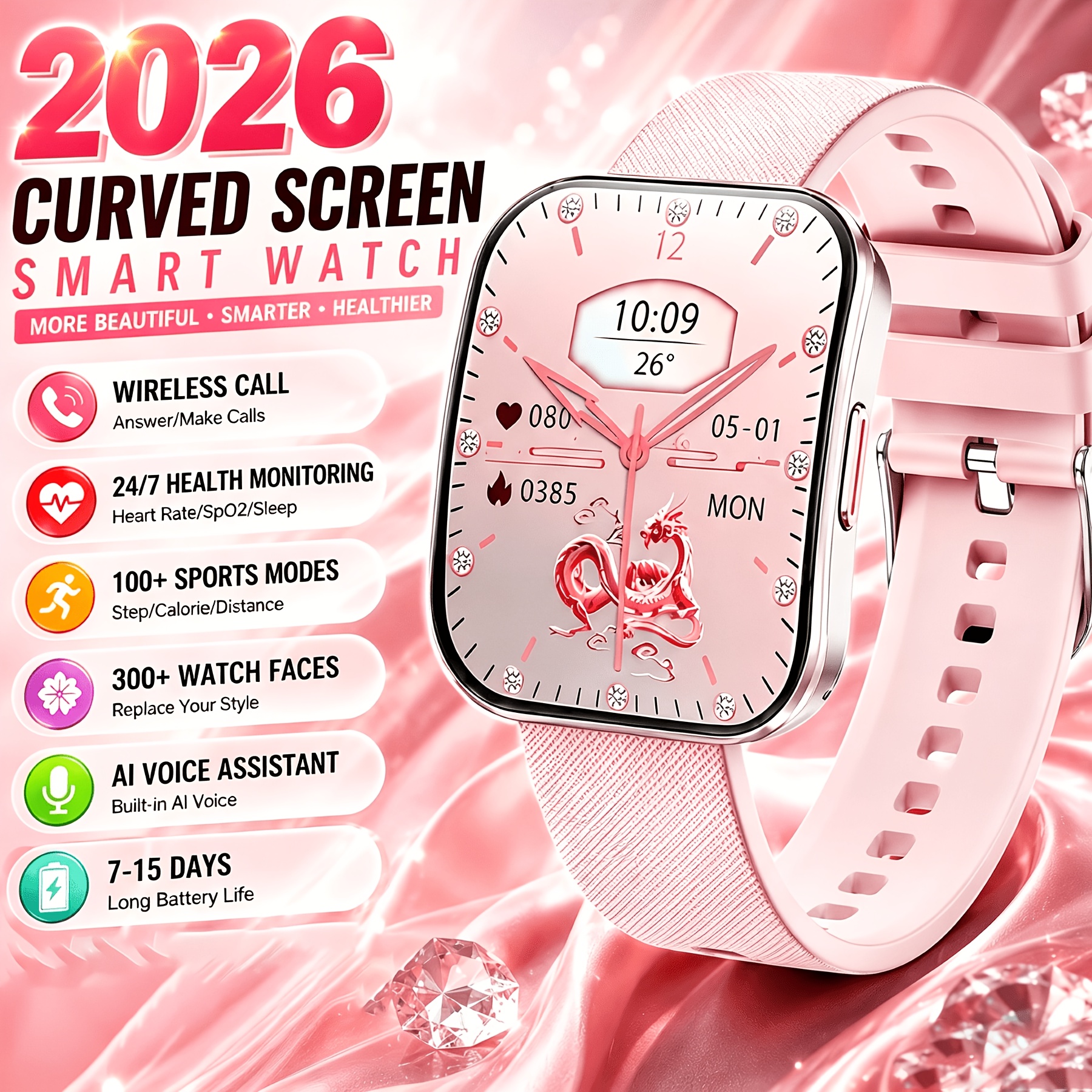 TEMU Smart Watches For Women, 1.85" Full Touch Curved Screen Smart Bracelet With Answer/make Call, Message Reminder, Multiple Sports , Camera