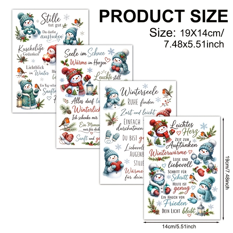 TEMU 4 Stück Winter Deutscher Text Vinyl UV DTF Transfer (Nur Transferpapier verkauft) Geeignet für Becher, 16oz Glaswaren, Kaffeetassen, Keramik,