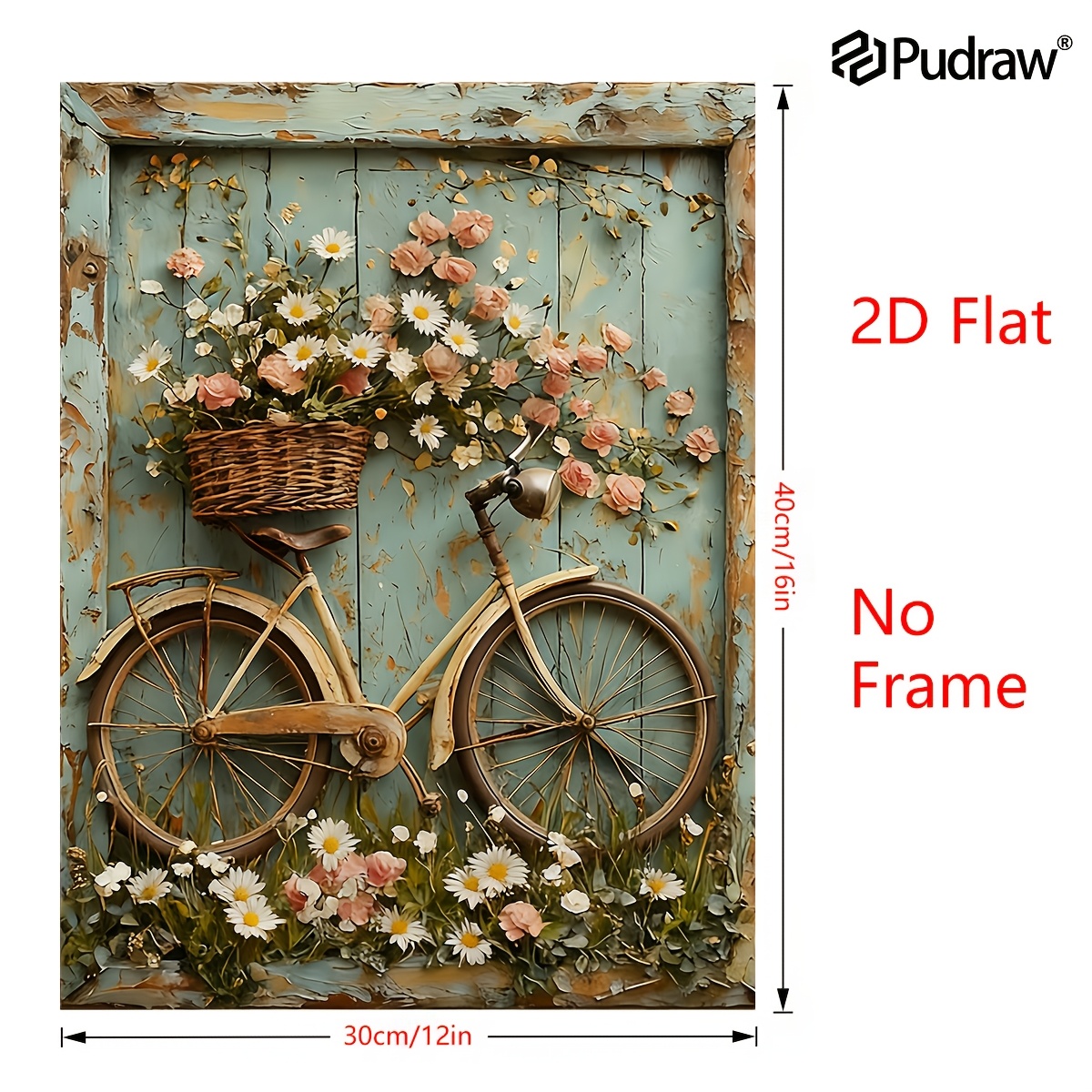 TEMU impreso 2D de bicicleta verde y azul con flores de duraznero rosas y blancas en flor - de pared de estilo francés sin , adecuado para decoración