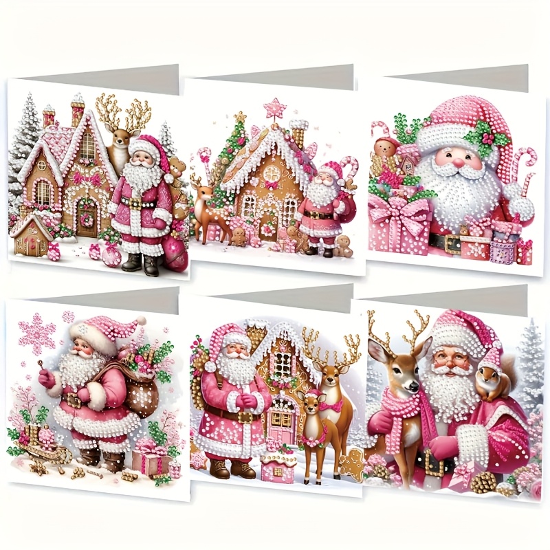 TEMU Ensemble de 6 cartes de vœux de peinture diamant - Série Noël, carte de vœux à en partie incrustée de de cristal avec 6 enveloppes, un cadeau