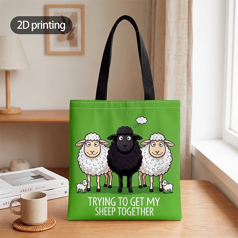 TEMU Men' & Women' Green Sheep Print Tote Crossbody Bag With Funny Slogan - Cartoon Sheep, Machine Washable Suitable For Daily ,, Shopping, Casual