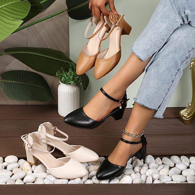Women'S Elegant French-Inspired Mid-Heel Sandals with Ankle Strap & Bow Detail - Chic Pointed Toe Block Heel Pumps for Spring/Summer, Versatile & Fashionable Hollow Cutouts, Strappy Sandals