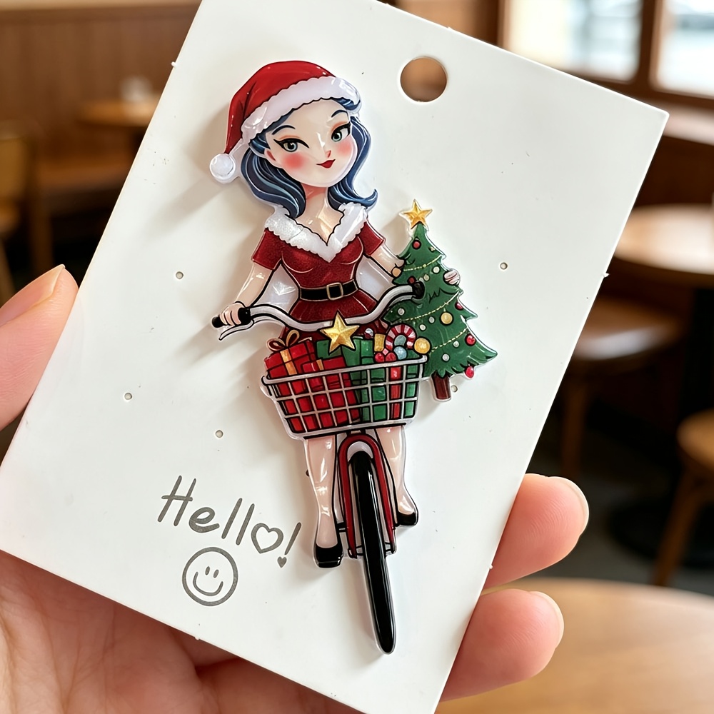 TEMU 1pc Christmas Creative Acrylic Brooch Retro Cartoon Hugging Bicycle Character Pin