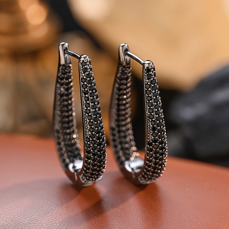 TEMU Pendientes de aro retro negros brillantes sintéticos con circonio - Cobre sin níquel para mujer, para uso diario y fiestas, sin batería