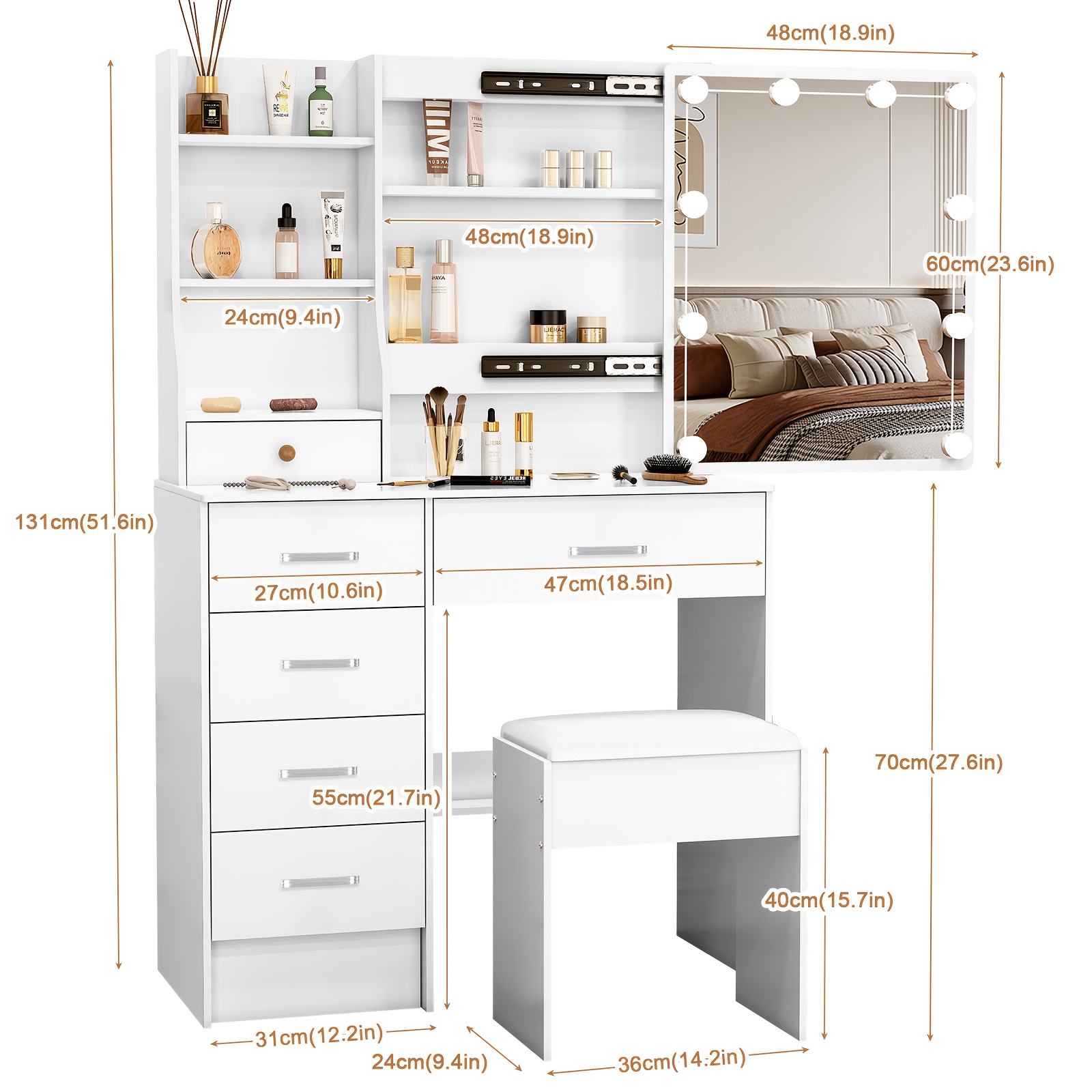 Women' & Golden Vanity Dressing Table With Adjustable Led Mirror & Dimmable - Multi-drawer Storage, Open Shelves, System - Modern Makeup Desk For Bedroom, (-like)