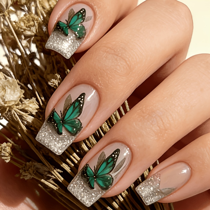 TEMU 24 unidades, Largo Medio, Forma Cuadrada, Verde, Puntas de Uñas Postizas, Stickers para Uñas, Uñas Góticas, Nail Art, Kit de Uñas, Uñas para