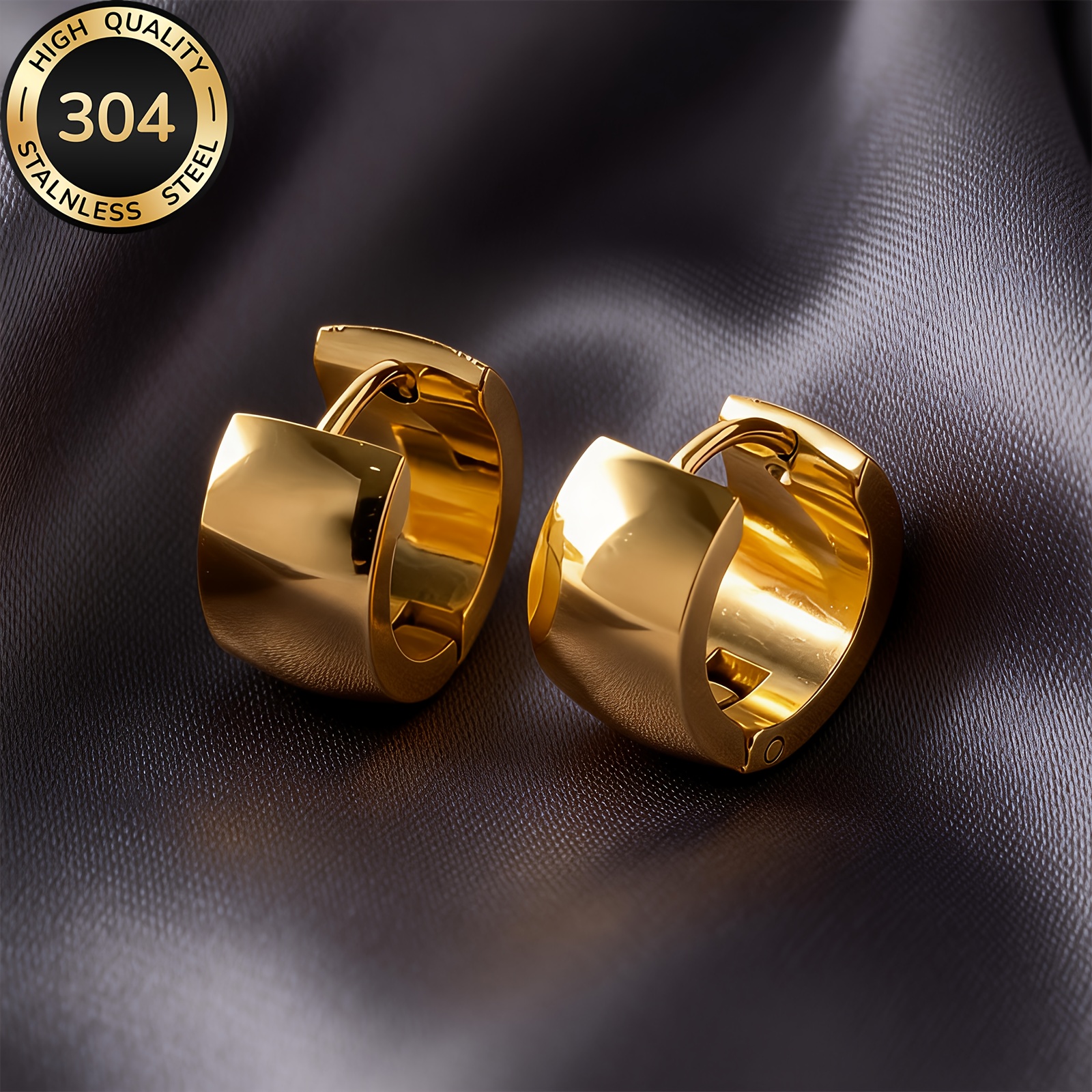 TEMU Pair Of Geometric Stainless Steel Curved Wide-face Earrings, Hypoallergenic High-quality Fade-resistant Ear Accessories, Elegant Studs For Daily