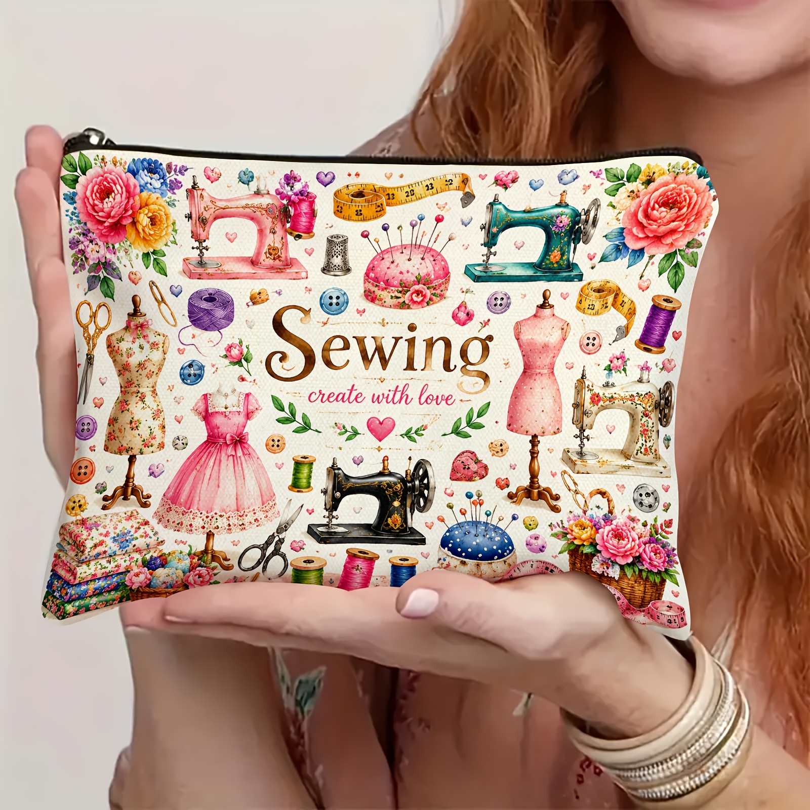 TEMU A Cute Sewing Machine Patterned Cosmetic Bag, A Perfect Gift For Sewing Machine Enthusiasts, A Zippered Bag For Sewing Tools, And An Outdoor