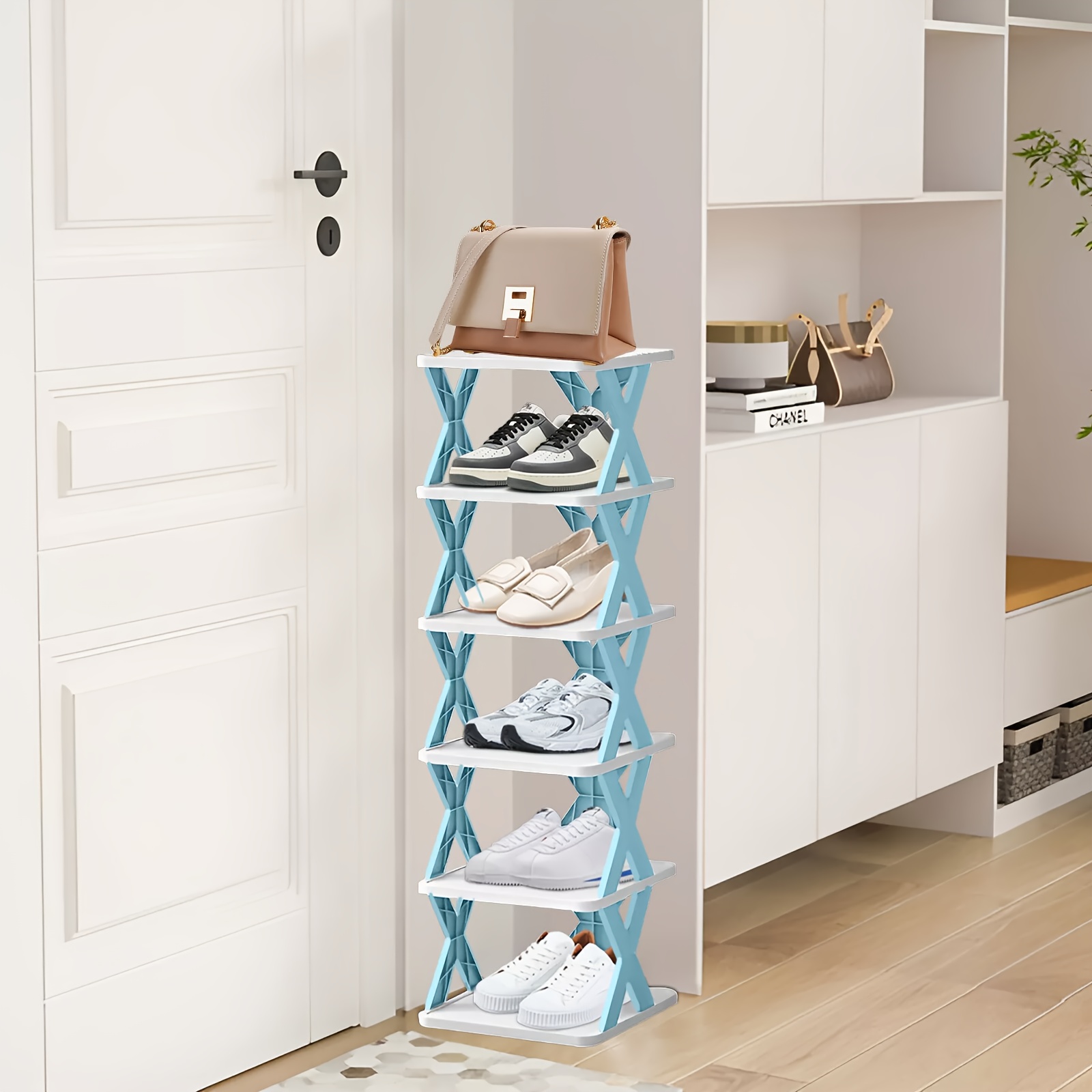 TEMU Diy 3-9 Layers Self-assembly Simple Shoe Rack Light Blue And White And Corrosion-resistant Pp Material Three-sided X-shaped Support Good
