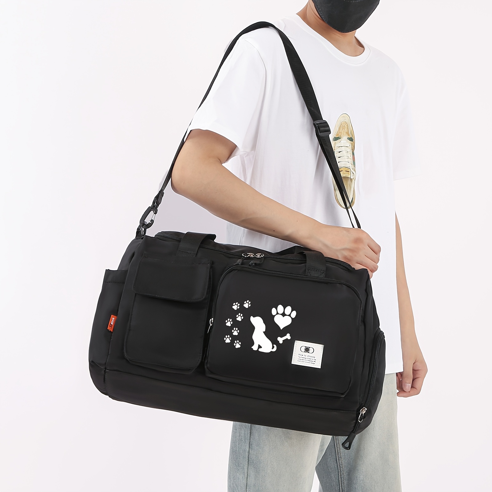 1pc mens minimalist dog paw print tote bag large capacity convertible backpack handbag with adjustable strap   interior compartment black with white prints for travel work college everyday use durable easy   dog travel bag college carryall casual accessory versatile carryall sturdy construction daily commuter