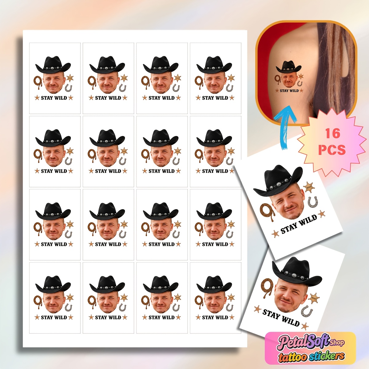 TEMU 16 piezas de tatuajes temporales de moda personalizados, de vaquero con "", personalizables para uso personal, mascotas, etc., diseños