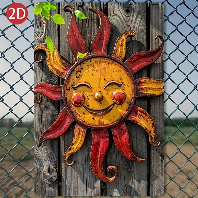 E-shop 2D-Flach, 2D-Flach - . 8x12 Zoll Rustikale Sonnen-Metall-Wandkunst - Leuchtend rote gelbe Eisen-Gartendeko für den Außenbereich,