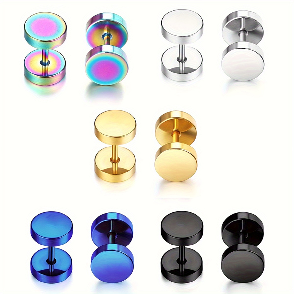 TEMU 5 Pairs/set Multicolored Stainless Steel Screw Dumbbell Earrings, Featuring A Punk Gothic Barbell Design, Suitable For Hip Hop Style, Designed