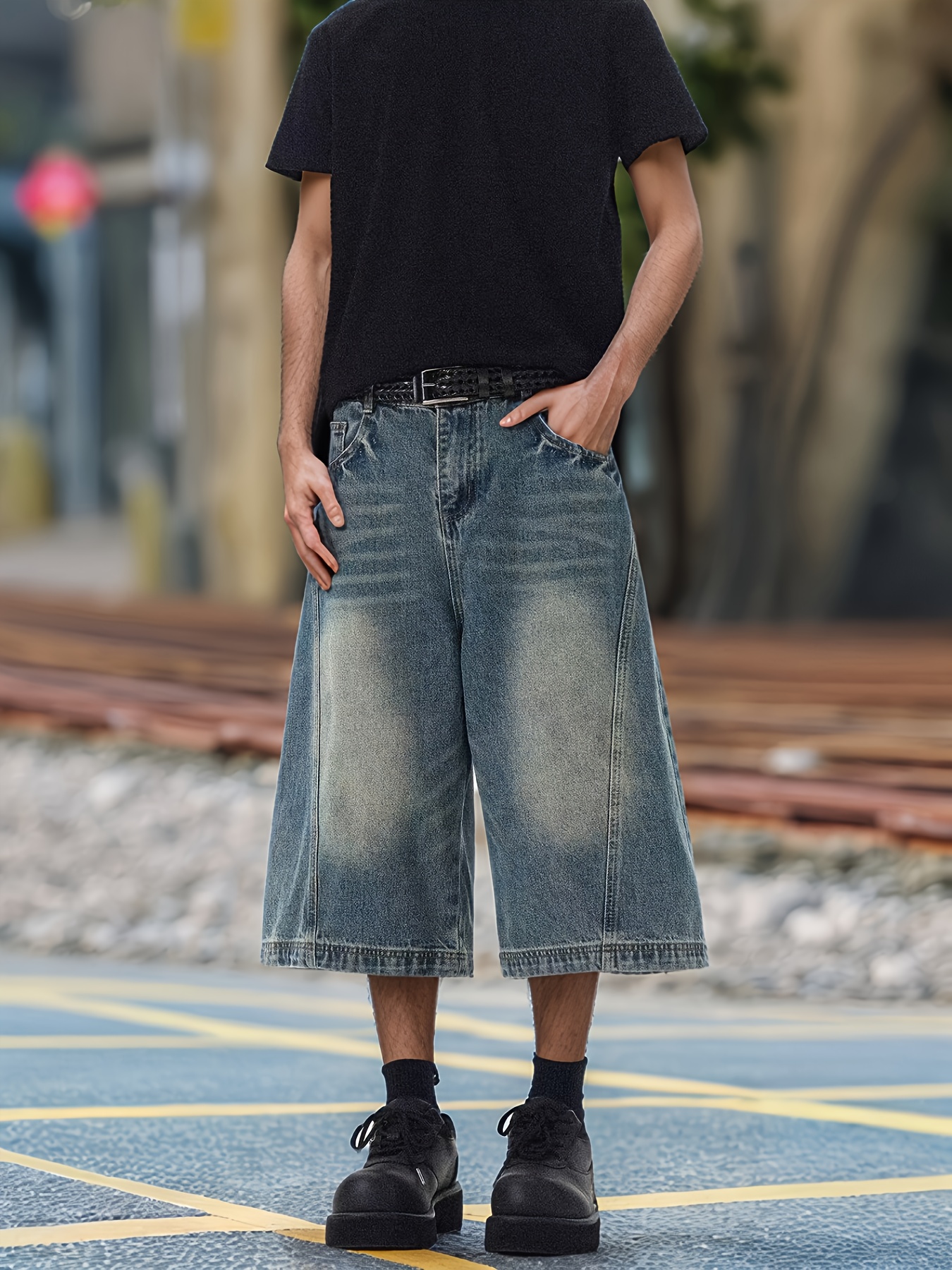 Shorts Capri de Denim Vintage para Hombre Pantalones Cortos Holgados  Estilo Streetwear para Verano Desgastada y Lav