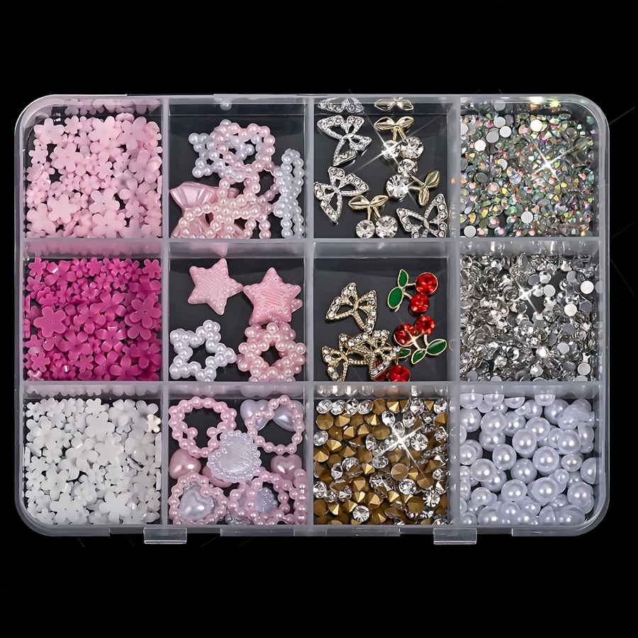 TEMU Set di ciondoli per nail art con strass glitter 3D a 12 griglie, caratterizzato da e diamanti scintillanti, insieme a fiocchi in resina, a forma