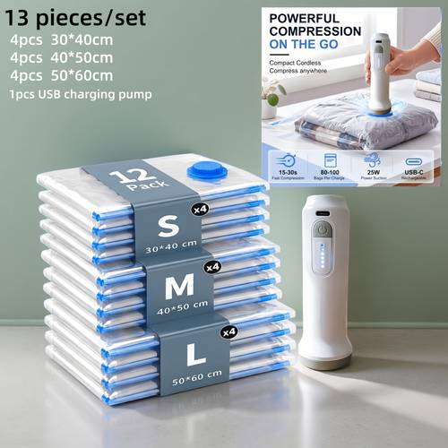 item picture 13pcs set sizes vacuum compression bags and usb electric air pump with charging cable 1500mah ultra long portable and convenient for storing clothes and quilts