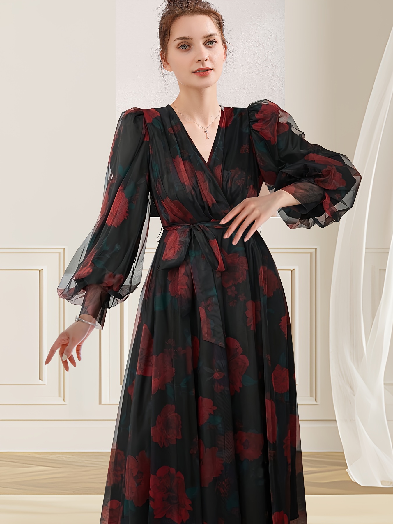 elegant floral sheath dress Mac Duggal Women's Floral Embellished Flutter Sleeve Midi Dress main image 0
