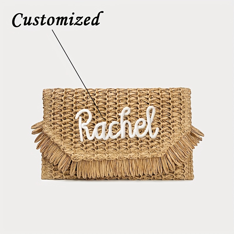 TEMU 1pc Custom Name Bag, Custom Bag, Women's Tassel Woven Straw Clutch, Envelope Weave Summer Beach Bag, Vacation Woven Straw Bag, Gift Cosmetic