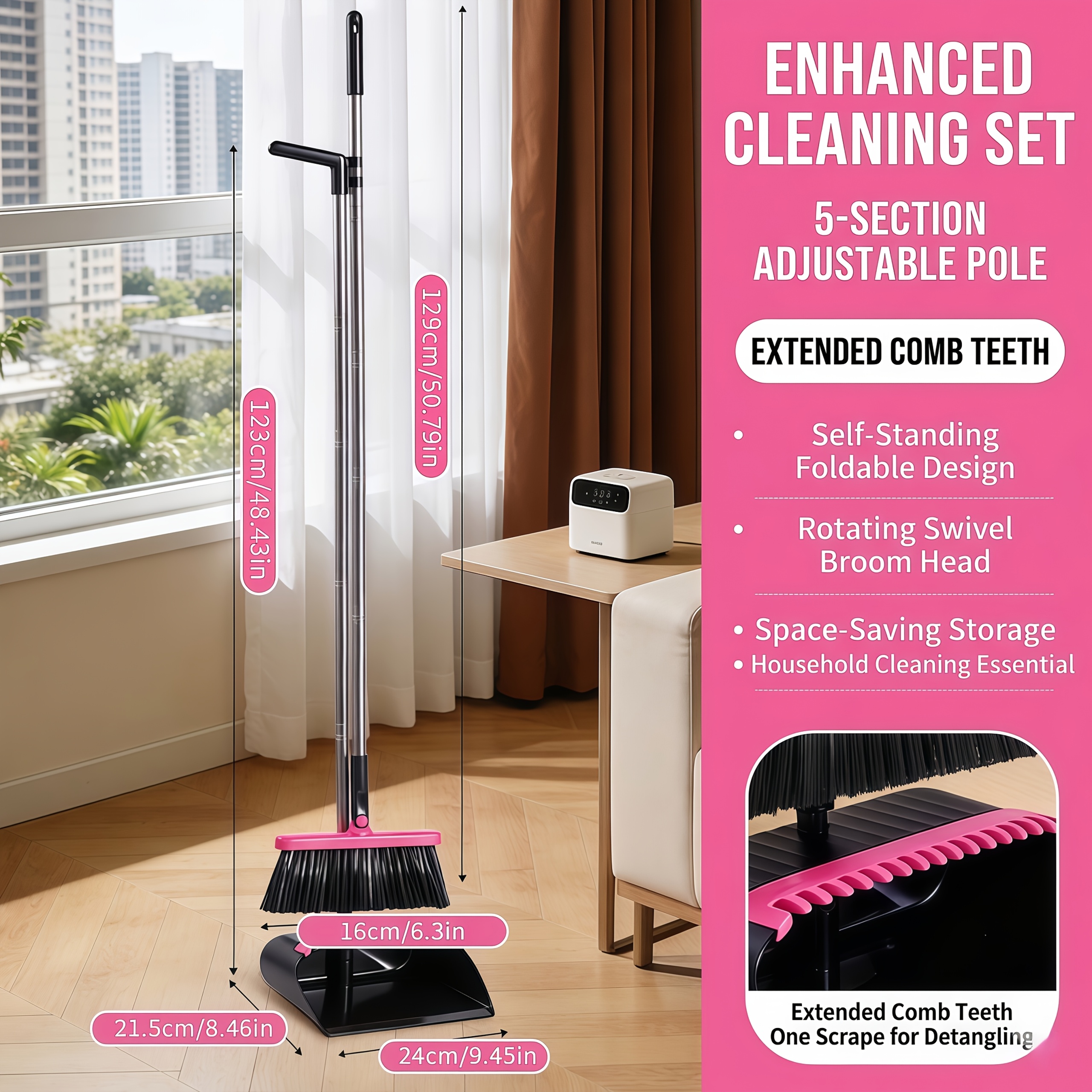 TEMU For Home Cleaning Set Including A Broom And Dustpan, Featuring A Black And , Equipped With Integrated Teeth For Removing Pet Hair, An Adjustable