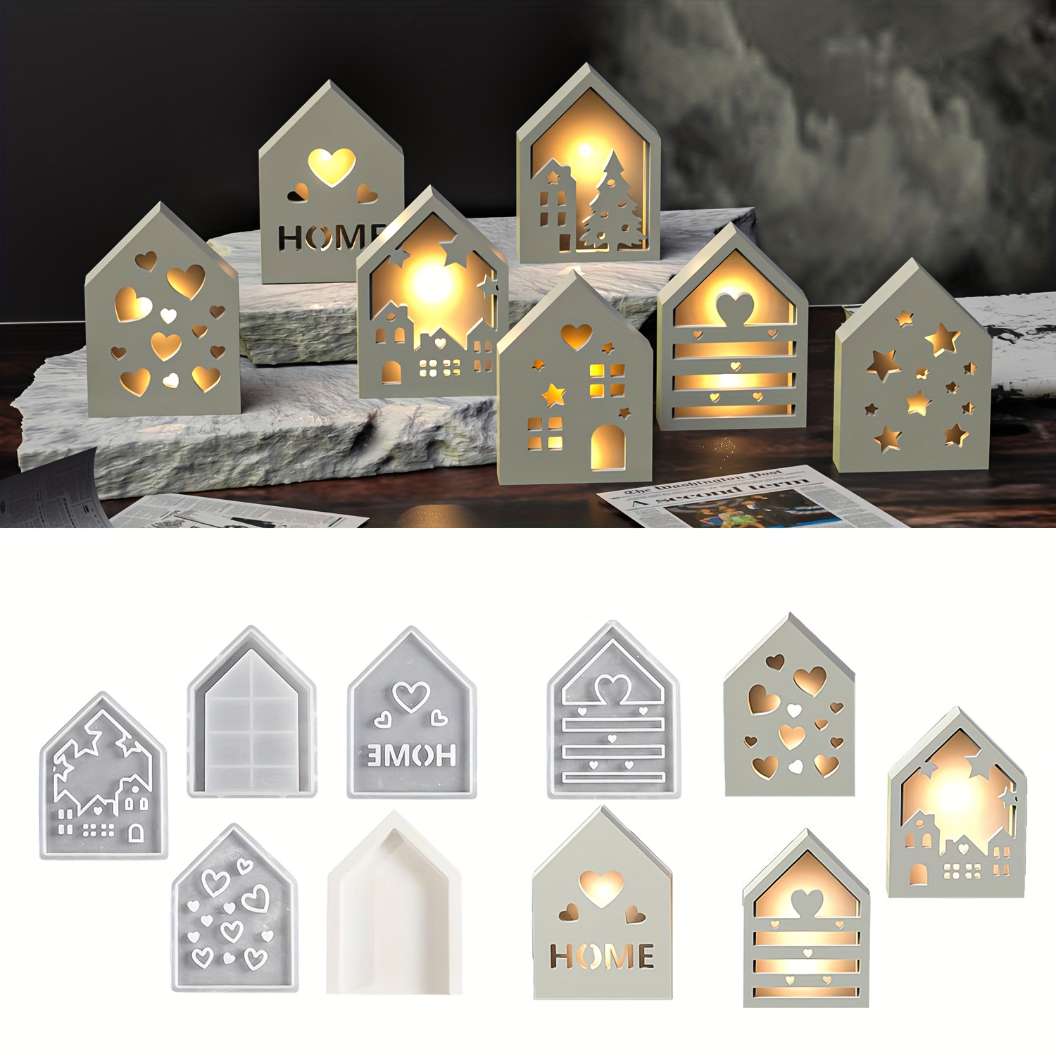 

5pcs Silicone Molds For Crystal Epoxy, Plaster & Cement Houses With Designs - 3d Home Light Silhouette