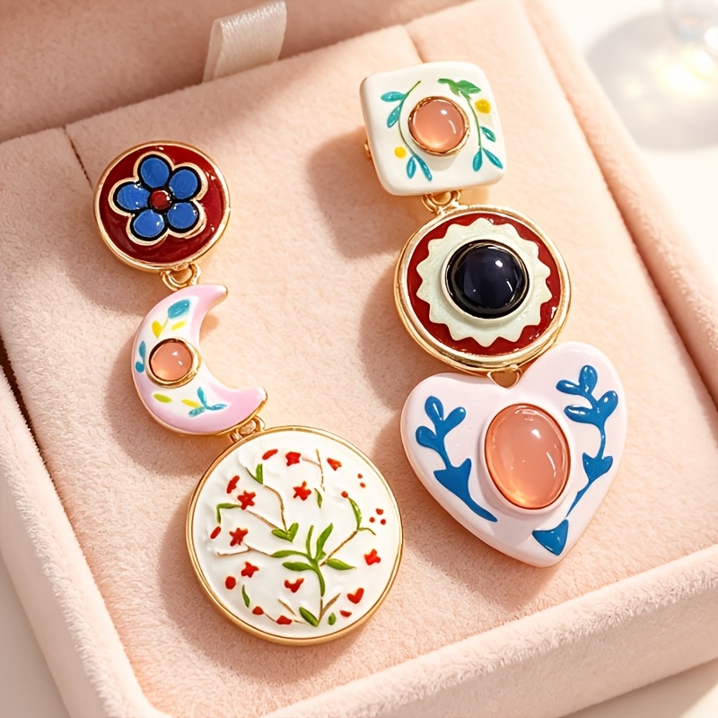 TEMU Boucles d'oreilles pendantes asymétriques en émail multicouches, 2 pièces, motif vintage cœur, , boucles d'oreilles artistiques à blocs de